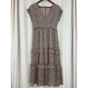 Grade‎ & Gather Ruffled Print Chiffon Midi Dress in Fawn Size Medium